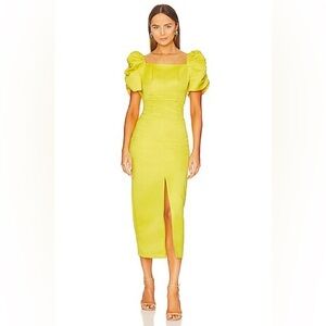 Revolve Yaura Tara Midi Dress Neon Yellow Women’s Size 2 Small Puff Sleeve NWT